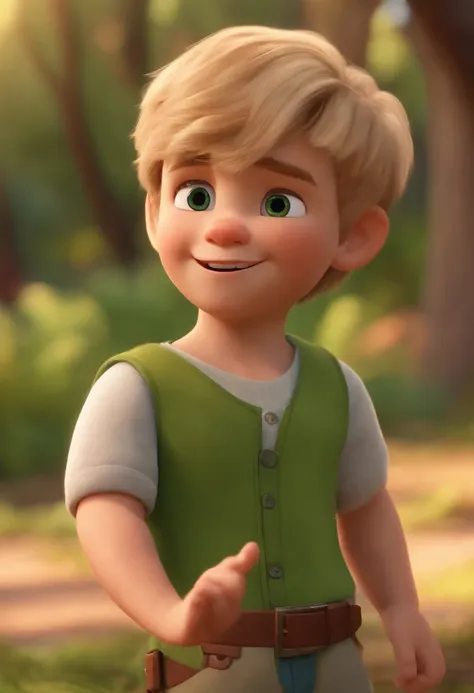 Image of a blond boy, brown hair, green beard eyes for a story in a YouTube video in Pixar format, Hes the little allabester, Hes the class leader, Hes outgoing, Playful and gets up for a lot of things