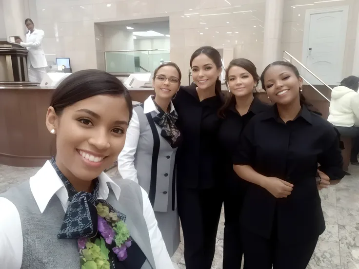 several women in business attire posing for a picture in a lobby, ready for a meeting, profile picture, beautiful surroundings, selfie photo, selfie!!!!!, in sao paulo, beautiful photo, profile pic, beautiful views, beautiful girls, beautiful faces, compet...