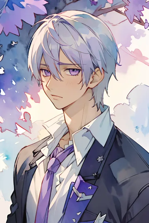 masterpiece, best quality, game cg, 1boy, solo, male focus, looking at viewer, , , (watercolor illustration, soft pastel colors:1.1), , zero_kiryuu, grey hair, purple eyes, , , , 4k resolution