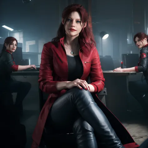 Best quality, ((Claire redfield from resident evil)), woman 40 years old, long red hair, black jeans, red nail polish, beautiful face, red long coat,little smile expression