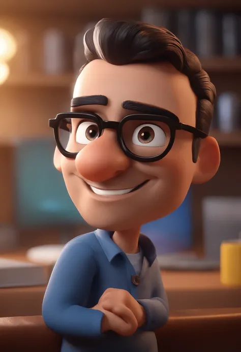 Cartoon character of a man with black glasses and a blue shirt, animation character, Caractere estilizado, animation style rendering, 3D estilizado, Arnold Maya render, 3 d render stylized, toon render keyshot, Personagem 3D, Personagem 3D, 3d rendering st...