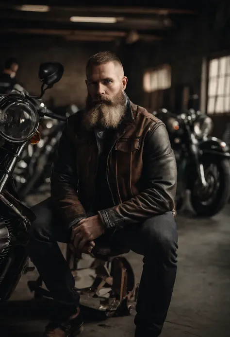 Image of a motorcycle mechanic Pix format air blond green eyes with beard