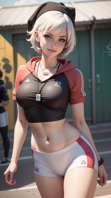 gwen tennyson,tracer,yshtola rhul,yorha 2b,overwatch,nier automata,mecha pilot, school running track,tattoos,orange and pink plugsuit,white short sleeve lycra top,white micro lycra shorts,uncovered belly,short hair,punk makeup,green eyes,multicolored silve...