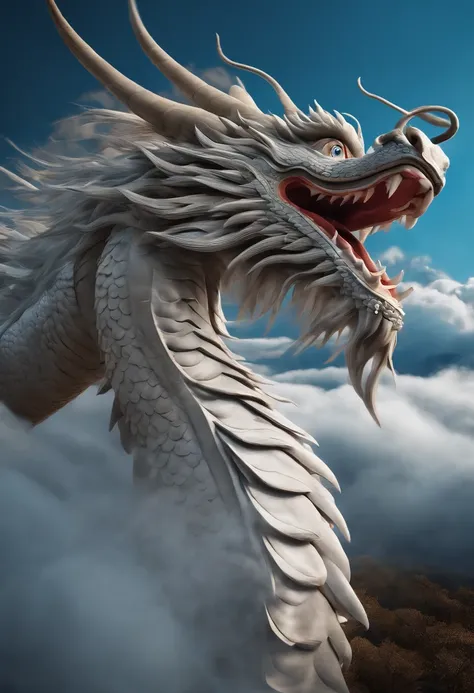 ((Masterpiece)), (((Best quality))), ((Ultra-detailed)),  (Amazing:1.1),Chinese Dragon, Nature, sky and ground, Big wind, wind blown, Line Cloud,Light shoot from the cloud,with blue sky and white clouds, an award winning photograph, BLN-L24,High contrast,L...