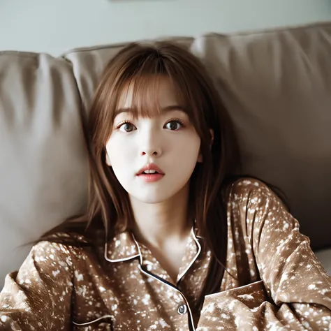 Baby playing in a messy room。A woman in her 20s lying on the sofa and staring at her with a straight face。Brown hair on long hair。European features。s Pajamas。realisitic