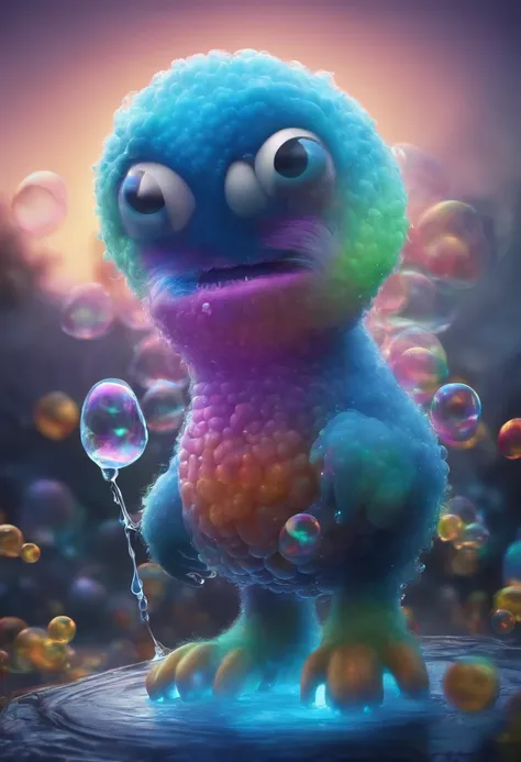 The soap bubble monster: A monster made of glowing soap bubbles floating through the air. Cartoon