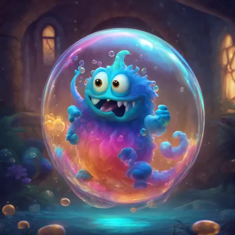 The soap bubble monster: A monster made of glowing soap bubbles floating through the air. Cartoon