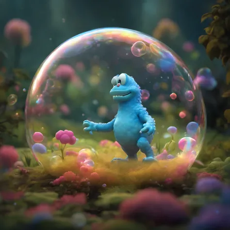 The soap bubble monster: A monster made of glowing soap bubbles floating through the air. Cartoon