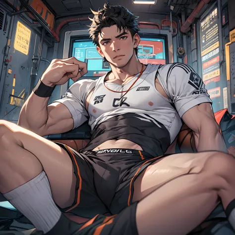 Libido boy，Tong，large pecs，Big bag，Wear white basketball socks，Half recumbent，CG sense，POV perspective，spread their legs，Dark atmosphere，8K,Cinematic lighting effects，Textured skin，best qualtiy，Storytelling images，Storytelling images，dynamic blur，actionpos...