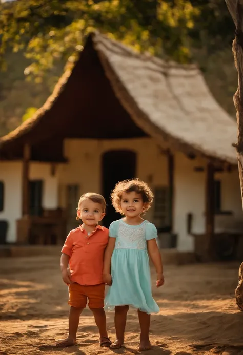 menino: Miguel, aproximadamente 5 anos de idade, cabelo curto estilo Disney, olhos castanhos e sorrisos. garota: Giovana, 2 anos, longos cabelos pretos e olhos azuis. scenecy: Miguel and Giovana are in a cozy little house in the valley, ao fundo um dia ens...