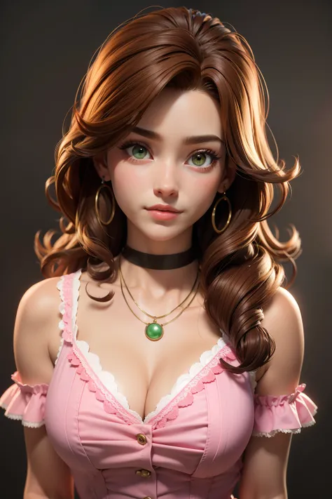 masterpiece, best quality,3d rending work ,3DMM style,close-up,portrait, 3D,1girl, solo, brown hair, string necklace, looking to the side, realistic, upper body, simple background, bangs, looking away, long black hair, parted lips, choker, makeup, long bro...