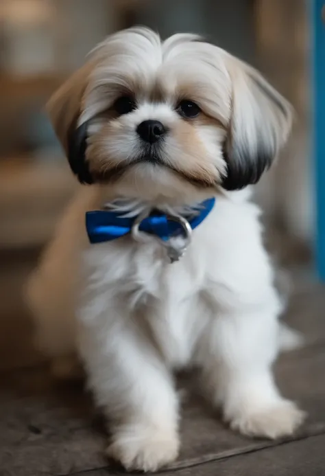 cachorrinho shitzu de pelo branco com uma coleira azul