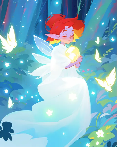 beautiful elf girl in glowing white ballgown, fairy queen, glowing large white fairy wings, ((long large glowing white fairy wings)), blue and gold forest and flowers background, flowing red hair, watercolor illustration, flowers and colorful plants, disne...