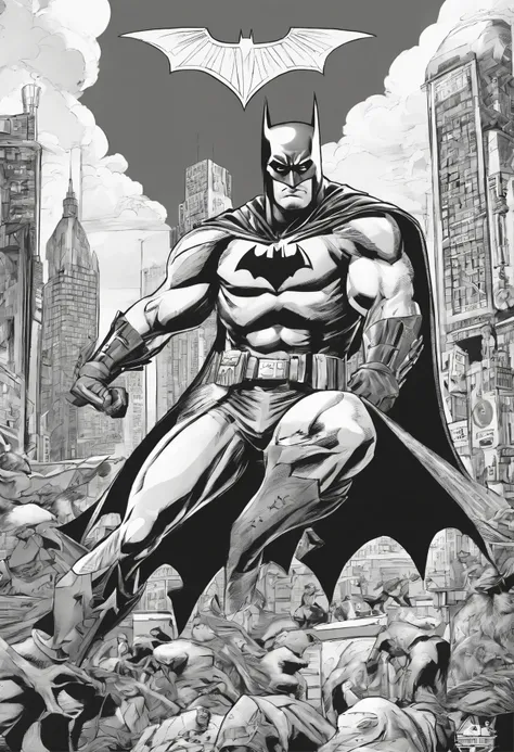 A black and white comic book style illustration of Batman with the long flowing cape, in action pose, courageously facing dangerous hordes of barbarians. The artwork should imitate the distinctive drawing style of the renowned comics artist Jack Kirby. In ...