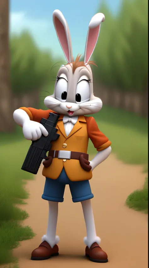 Bugs Bunny from Looney Tunes with a gun in his hand 3-D cartoon look