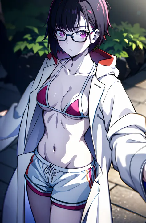 (masterpiece:1.2), (pale skin:1.2), (solo:1.2), (female:1.1), (emphasis lines:1.3), black hair, (microbikini:1.1), (shorts:1.2), (white lab coat:1.4), (open coat:1.2), collarbone, short hair, outdoors, eyewear, navel