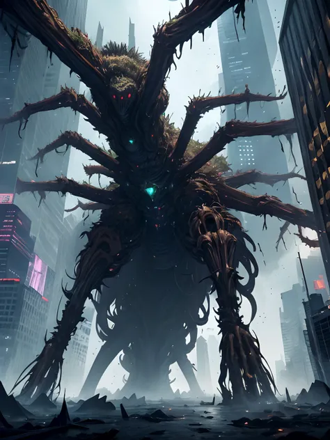 high detail,hyper quality,A giant alien spider, with huge limbs and joints, surrounded by the urban buildings of a future civilization, the atmosphere of horror and gloom, the lights of a movie,surrealism,cinematic lighting