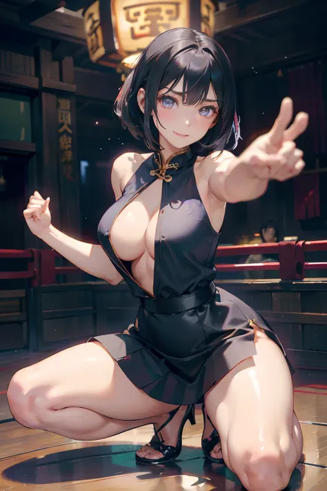 a 20 yo woman、Black-haired head hair、Bery short hair、Big smile、cleavage of the breast、Thighs at a glance、Purple cheongsam with open chest(hi-top fade:1.3)、dark themed、Muted Tones、Subdued Color、highly contrast、(natural skin textures、Hyper-Realism、Soft light...