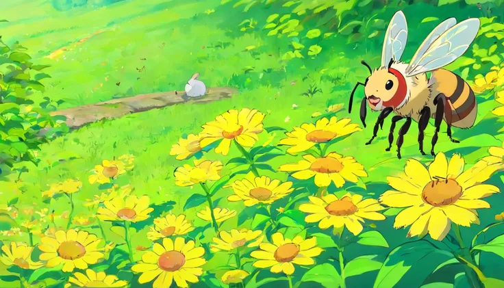 A small yellow bee sucks nectar from a flower bush in a meadow，Her noise disturbed the little black ants who were taking a nap。Then the little bee apologized guiltily to the little ant，The ant smiled happily，And forgave her。The colors are bright and bright...