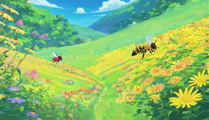 A small yellow bee sucks nectar from a flower bush in a meadow，Her noise disturbed the little black ants who were taking a nap。Then the little bee apologized guiltily to the little ant，The ant smiled happily，And forgave her。The colors are bright and bright...