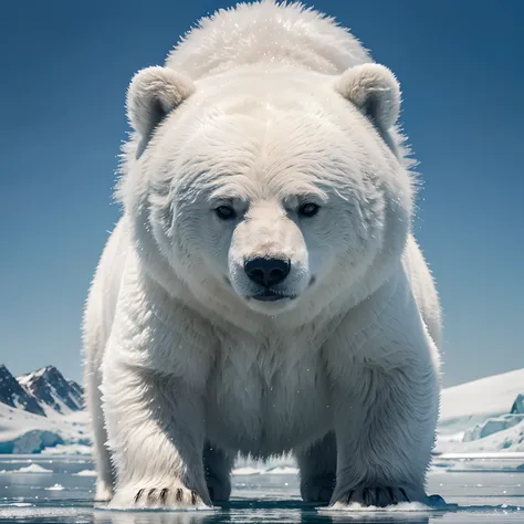 a cute little polar bear standing on the icy, snowy landscape, surrounded by sparkling ice crystals and frozen water droplets, depicting a peaceful and serene Arctic scene. The bears fur is fluffy and textured, with a mix of white and light blue tones. The...