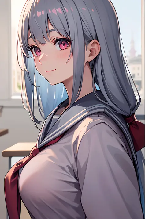 masterpiece, best quality, ultra detailed beautiful face and eyes,beautiful girl, light blue hair,long hair ,pink eyes, large breasts,(grey sailor uniform:1.5),cardigan,(dark red tie:1.3),small smile,classroom,from side,golden hour,