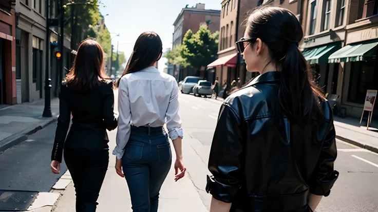 (Best Quality, hight resolution, masutepiece:1.2), Ultra-detailed, (Realistic, Photorealsitic:1.37), Portrait, Group photo of the three, (Group of women walking, :1.2), ((Rear view:1.2))、wears a suit, ties, Sunglasses, Brick wall, walking on street, Back v...