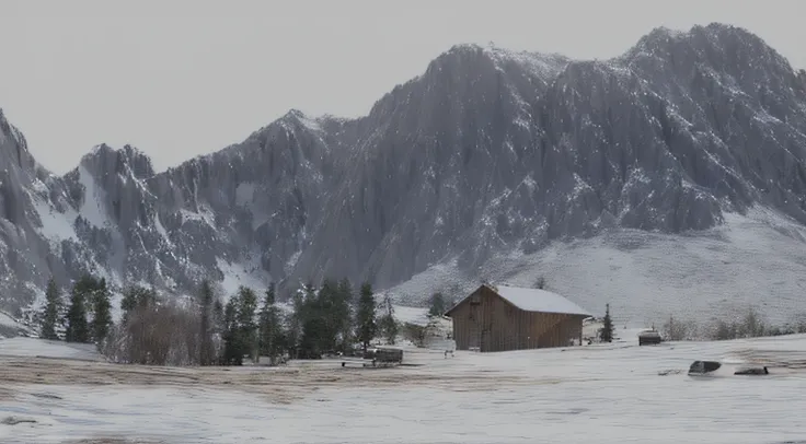 Snowy mountain with a small hut in the foreground, rendered in unreal 5, With a snowy mountain and ice, Beautiful visualization of the landscape, Snowy mountain landscape, snow mountain, Matte painting with 3D rendering, rendered in Enscape, Rendered in Cr...