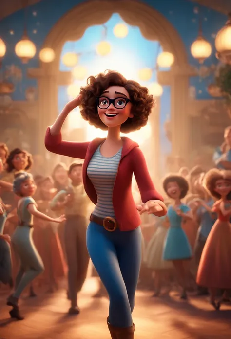 Pixar style image with 3D character white glasses brunette woman short curly hair dancing, Maquiagem Disney,Pescador, bonitinho, sorridente ,Close-up, Pixar, Disney, Cinema lighting,