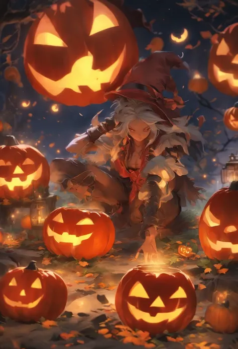 Halloween：1.5，Under the red moonlight，Big Red Moon，White hair：1.3，(​masterpiece、top-quality、top-quality、Beautifully Aesthetic:1.2)、(((Halloween Moonshine)))、Cool pose、ighly detailed、colourfull、highestdetailed, Anatomically correct, nffsw, high details, Tex...