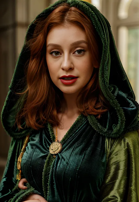 a woman in a green robe and purple dress with a medallion on her chest, orange hair, orange lipstick, padme amidala, masterpiece! portrait of arwen, wearing a velvet cloak, wearing a luxurious cloak, dressed in a green robe, wearing only a green robe, mari...