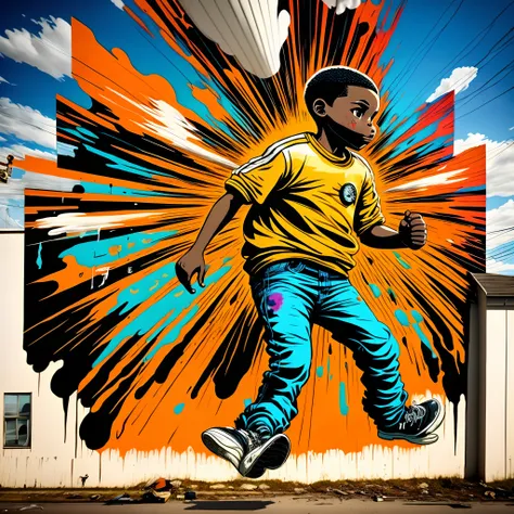 Hebru Brantley style mural of victor timely running from an exploding timeline holding a decaying clock