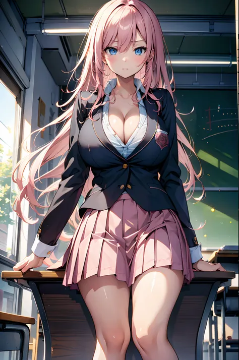 masterpiece, best quality, finely detailed, 1girl, pink_rose hair, pleated skirt, (school uniform), huge breasts, cleavage, clas...