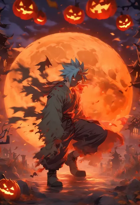 Halloween：1.5，Under the red moonlight，Big Red Moon，White hair：1.3，(​masterpiece、top-quality、top-quality、Beautifully Aesthetic:1.2)、(((Halloween Moonshine)))、Cool pose、ighly detailed、colourfull、highestdetailed, Anatomically correct, nffsw, high details, Tex...