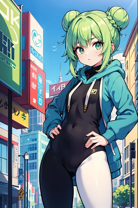 1girl, solo, teen, vtuber girl, green hair, (long hair, hair buns, straight hair), green eyes, leggings, (hoodie), white hoodie, blue scarf, metropolis, city background, scenery, beautiful colorful, close-up, people around, standing, straight posture, look...