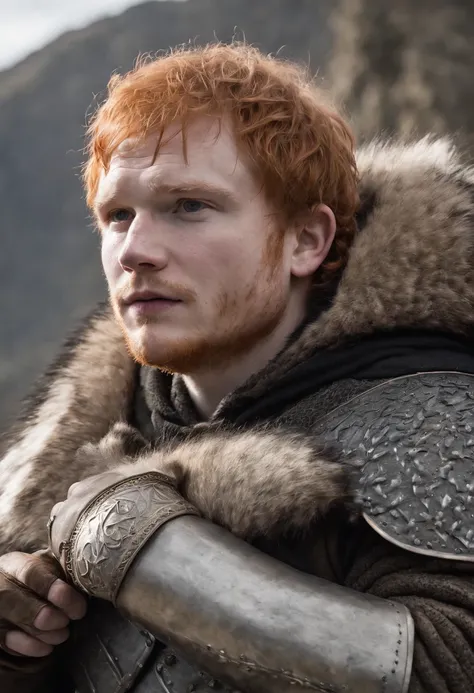 Ed Sheeran in game of thrones, house stark, with a northern armor full of bronze, and his giant withe direwolf by his side