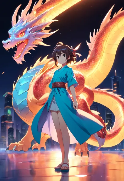 Dragon God of Japan, (Blind Box Dragon God Style:1.2), (Full body shot) , 1 transparent girl,Behind him is a dragon god with a transparent Japan, length hair:1.2,  Beautiful girl, Dreamy glow, bright neon lights, clean, White background, ( Global Illuminat...