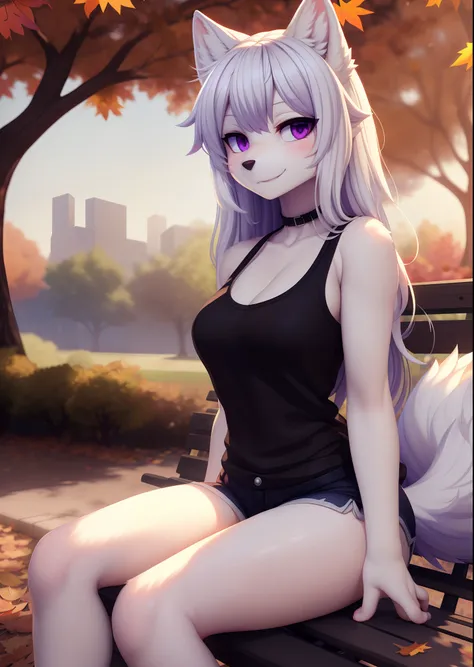 uploaded on e621, (by Whooo-Ya, by Sskomu (artist), by Kakure Eria),
Solo female Naomi (white wolf girl, purple eyes, white wolf ears, all white body, long white hair, feminine,) 
(Wearing pink loose tank top, black short shorts)
((detailed fluffy fur)), (...