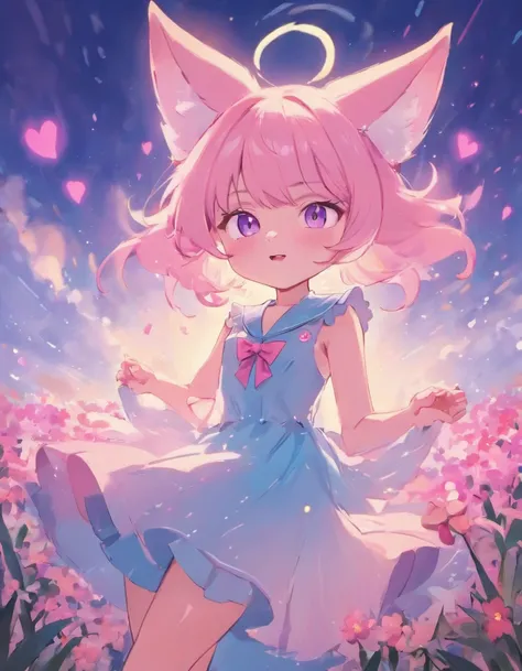 White and light blue fennec fox girl with a pink bow on her head and a pink bandanna around her neck and she is wearing a big light pink dress that has ruffles in the dress and a light blue heart in the middle, flying around a pink and blue flower field, w...