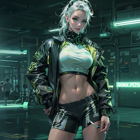 Best quality，tmasterpiece，Ultra-high resolution fills the picture，Indoor at night，the night,Indoor neon lights，Green color scheme，Intense grass green,Silvery-white hair，Green black leggings，green and black color scheme,Sporty skirts，the complex background，...