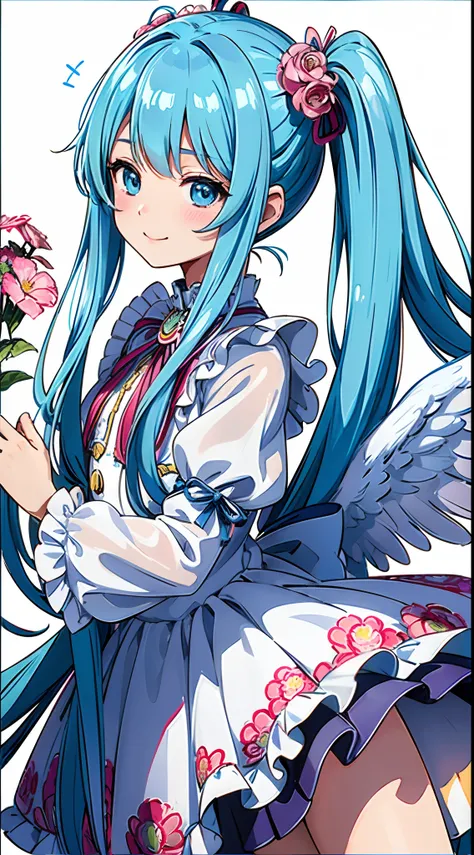 (​masterpiece、top-quality、top-quality、Official art、Beautifully Aesthetic:1.2)、(1girl in:1.3)Light blue long hair、Twin-tailed、adorable smiling、ighly detailed、(Fractal Art:1.1)、(colourfull:1.1)(florals:1.3)、highestdetailed、(Zentangle:1.2)、(dynamicposes)、(Abs...