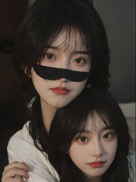 best qualtiy， 超高分辨率， （realisticlying：1.4）， A woman with long black hair and a gray sweater, 中景 the scene is, She has black hair，By bangs, young lovely Korean faces, wan adorable korean face, ulzzangs, Shin Jinying, beautiful aesthetic face, Korean face fea...