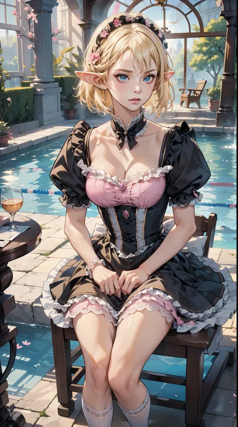 a portrait of Elf, brilliant background, ((1girl)), Victoria black maid dress, Very detailed illustration of an a beautiful Extremely cute elf race face with ((short white blonde hair)), asymmetrical bangs, insanely detailed face and eyes, Perfect lips, ((...