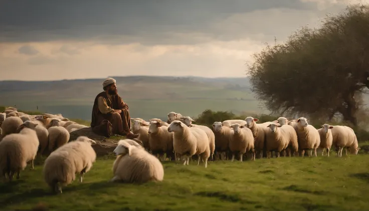 Go back in time, to the period of the first century in Judea, a young sheepherder, is sitting on a rock, while his sheep feed on the green grass. ultra resolution, very high quality 8k, panoramic view