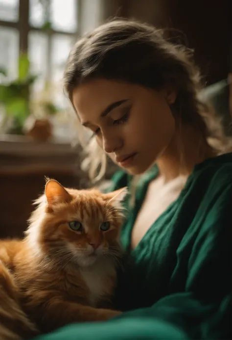 Dois rapazes jovens, um com cabelo escuro, oum com cabelo claro,  olhos verdes, apaixonados por gatos laranjas junto com seu gato laranja deitado na cama