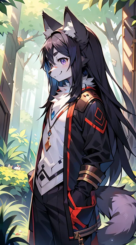 A male wolf with a height of 180 cm，Blue-purple eyes, , Long black hair, Tail, The chest is slightly raised，red and black costume，With a smile，Two small ears，Fair-skinned standing ，ln the forest