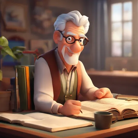 Crie um cartaz inspirado na Disney Pixar com o personagem sendo o pastor Rubens Janier, A gray-haired man wearing glasses, in an office with a Bible on the table