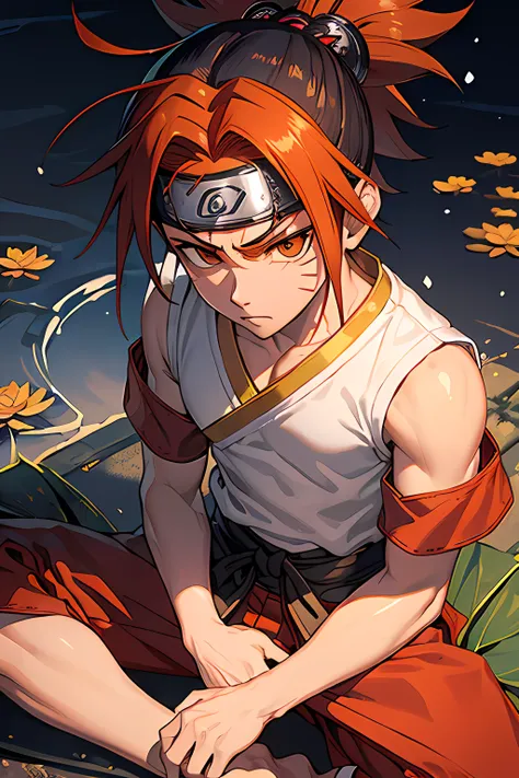 Gerar uma imagem de um menino de 12 anos com cabelo ruivo e penteado de coque samurai, wearing a headband from Narutos Hidden Leaf Village. He is dressed in white clothes detailed with red, exibindo a crista Uzumaki. The character is seated in a lotus posi...