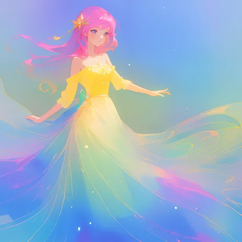 beautiful girl in flowing multi-layered colorful ballgown, sparkling, long flowing pink hair, vibrant pastel colors, colorful, watercolor illustration, masterpiece, best quality, sharp focus, intricate detail, highly detailed, 8k resolution, beautiful face...