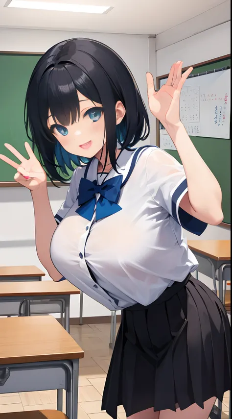 1girl in，Black color hair，blue color eyes, Smile, cheerfulness,12year old， Teenage, Huge breasts,校服，‎Classroom